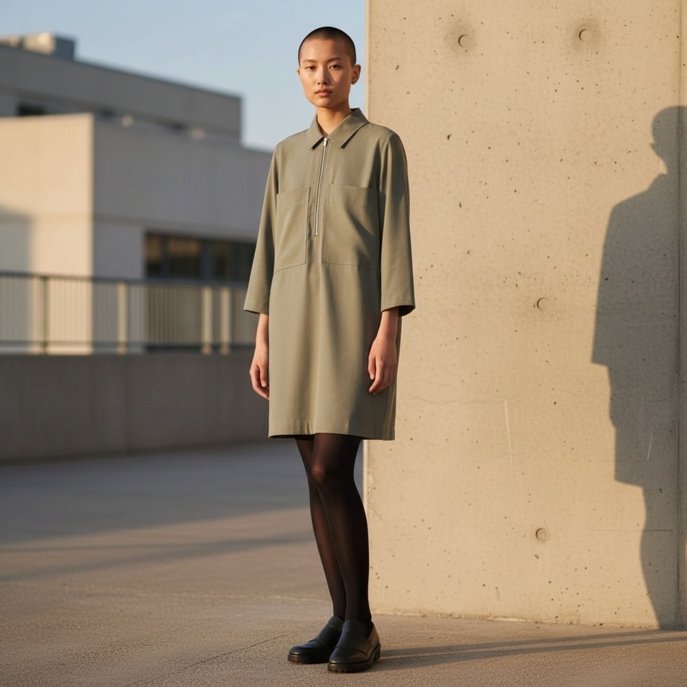 COS Olive Lyocell Zip Front Shift Dress Minimalist Modern Size 36